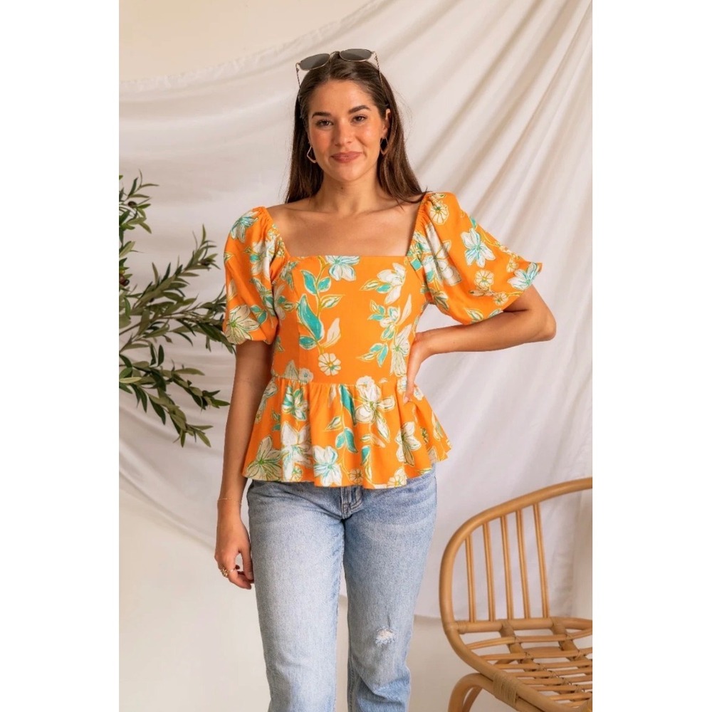 Flying Tomato Orange Floral Linen Peplum Top Puff Sleeve Smocked Back IT12402 L